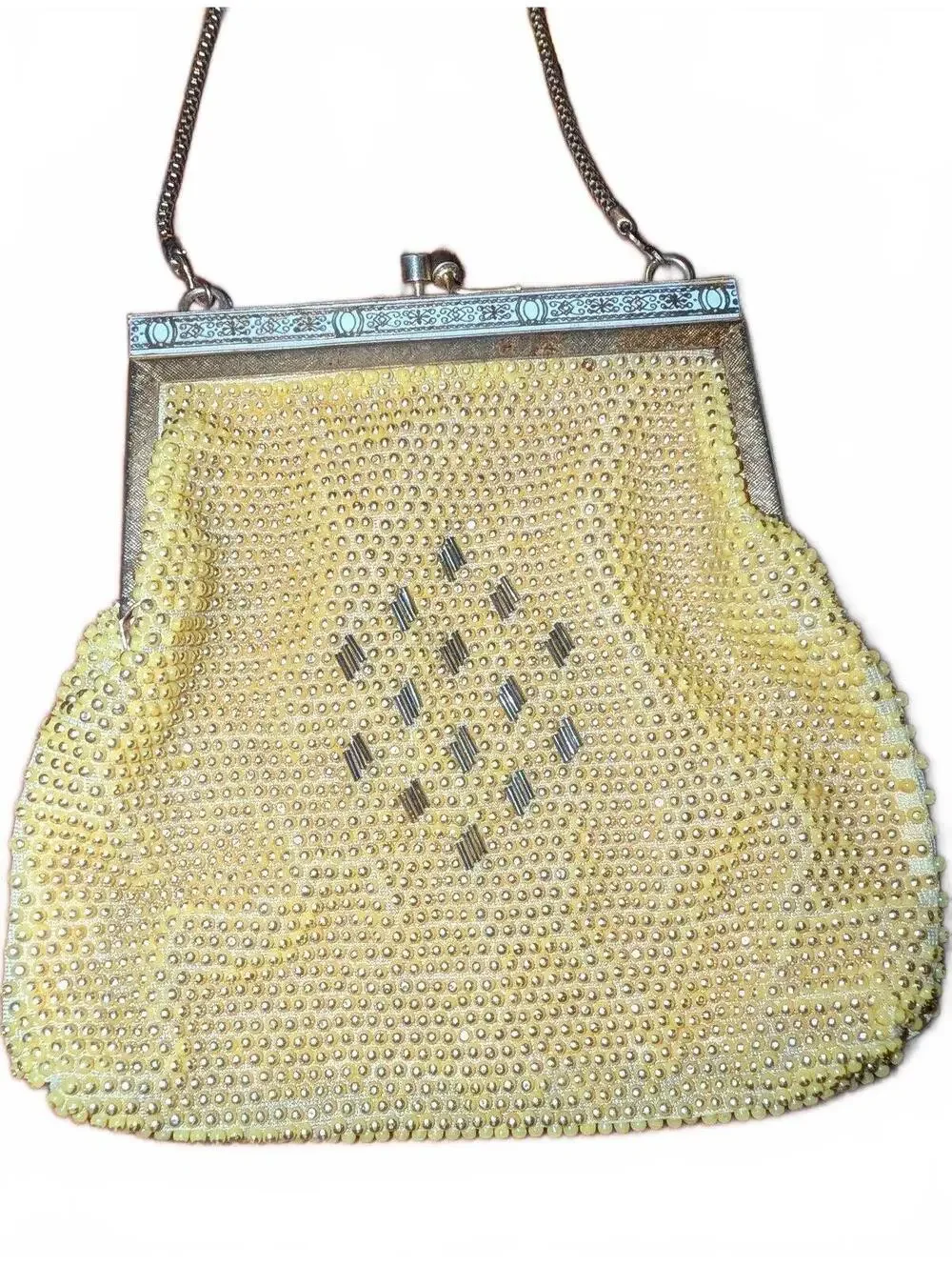Vintage Yellow Beaded Evening Bag with Silver Tone Frame and Chain